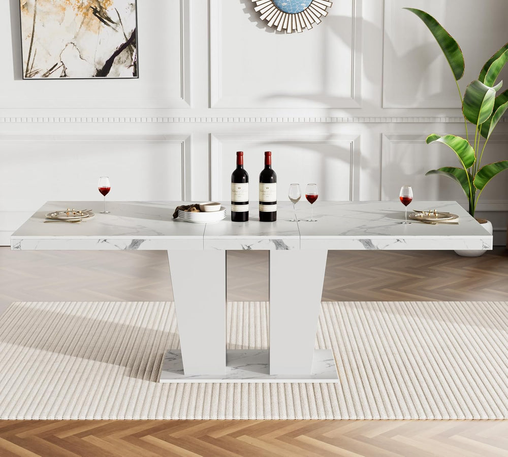 White Faux Marble Dining Room Table Set for 6, 7-Piece 63"-78.74" E...