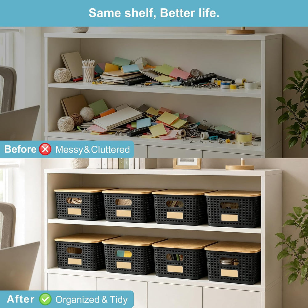 Bagnizer Small Plastic Storage Bins with Bamboo Lids 5.2qt Stackable Box Bask...