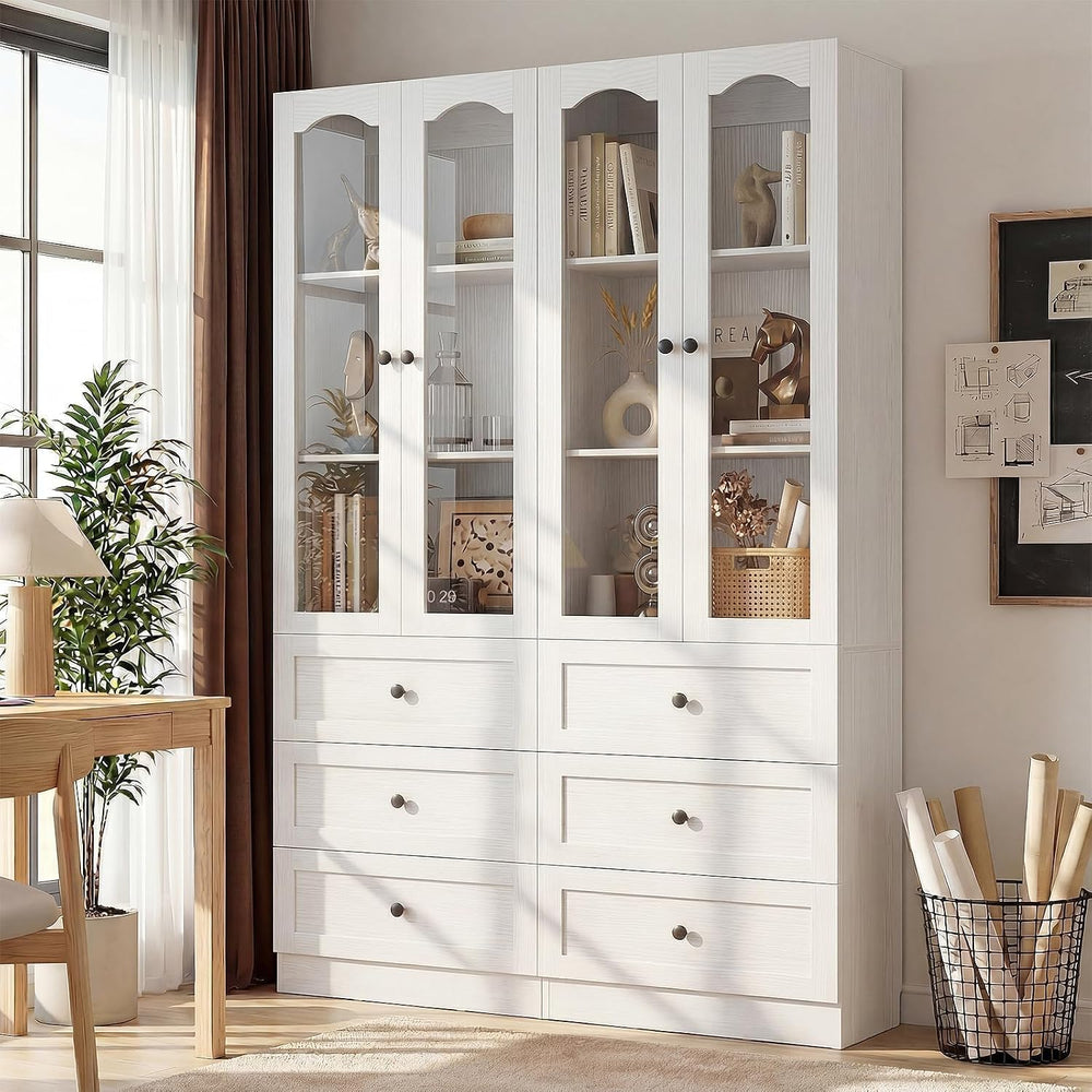 Cyclysio 2 Pack 80" Tall Bookcase with 3 Drawers & Glass Doors, White