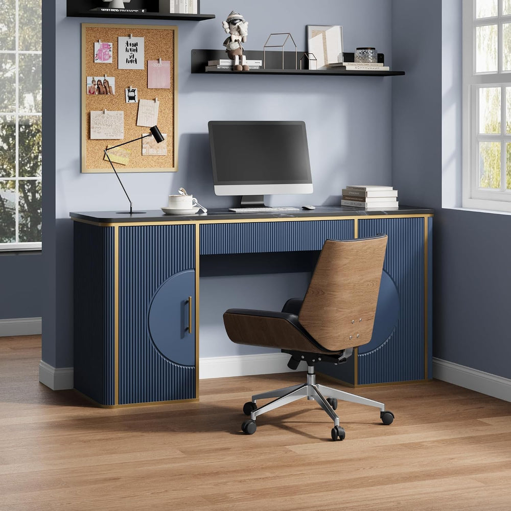 60" Fluted Computer Desk, Wooden Long Home Office Writing Desk with Draw...
