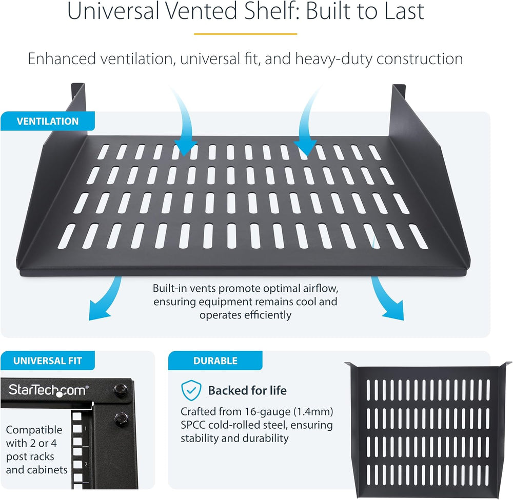 StarTech 2U Vented Server Rack Shelf, 16in, 44lb (CABSHELFV2U-16-RACK)