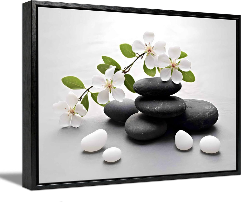 Framed Zen Stone Flower Canvas Wall Art Orchid Flower Black White Zen Stone P...