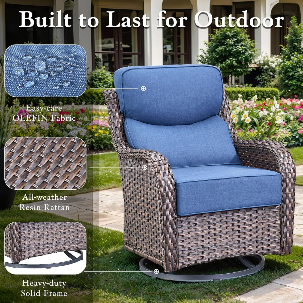 5 PCS Outdoor Bistro Set with Swivel Glider and Ottomans, Brown/Blue