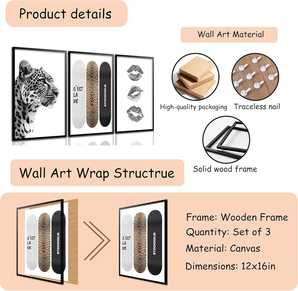 Framed Stockholm Style Canvas Wall Art Set of 3 Black and White Fashion Leopa...