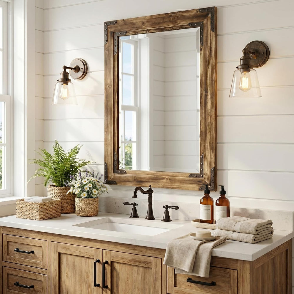 Rustic Brown 24x36 Inch Wood Bathroom Vanity Mirror, Rivets