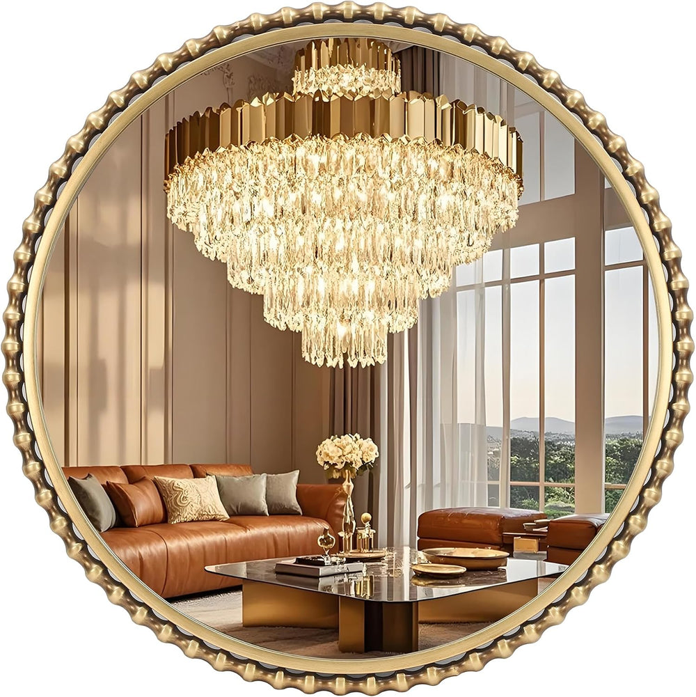 30" Round Bathroom Mirror, Antique Gold Bold Beaded Frame