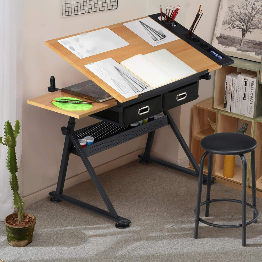 Topeakmart Height Adjustable Wood Drafting Table Drawing Art Desk Tiltable