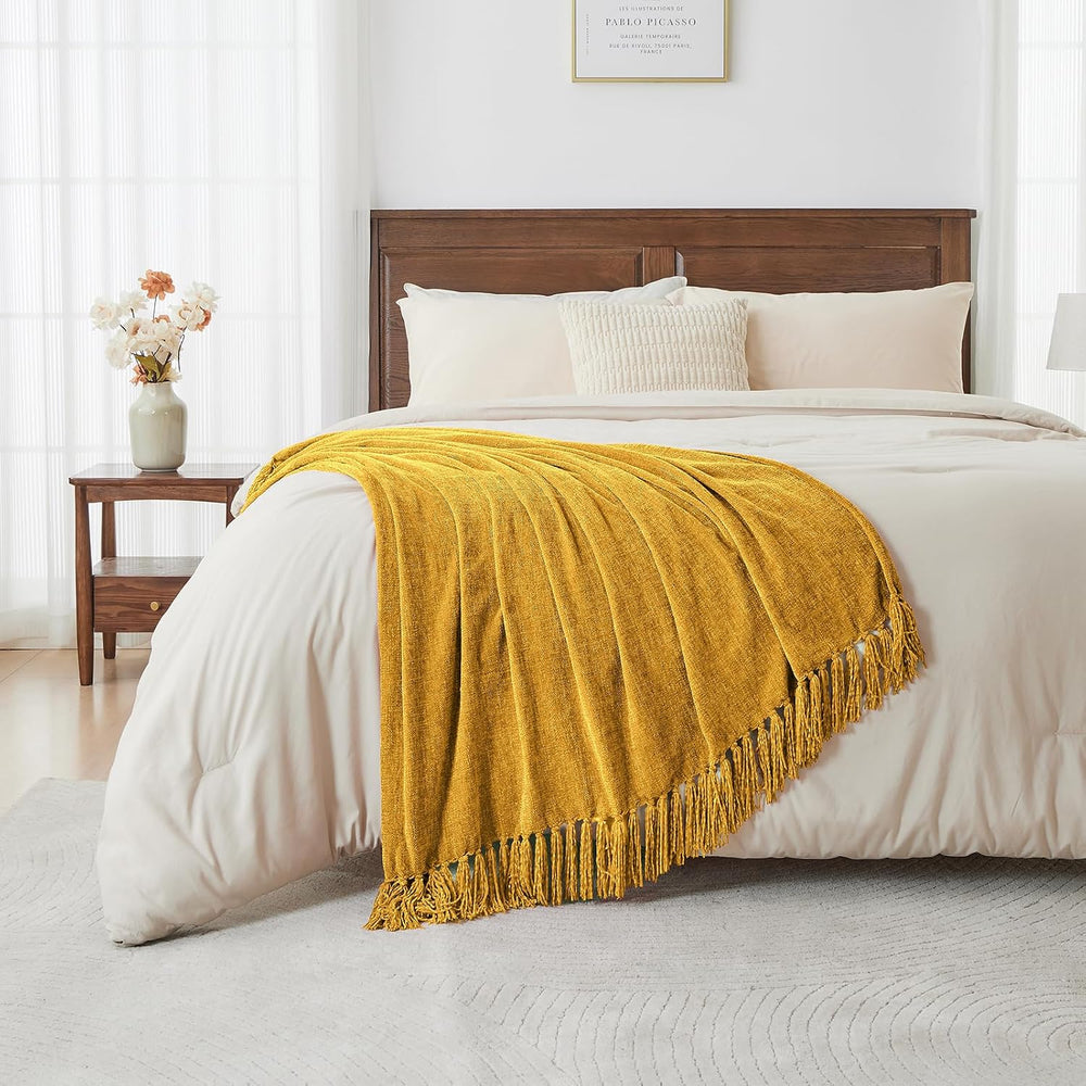 CozeCube Chenille Throw Blanket, Harvest Gold Fringe Blanket, 50"X60"