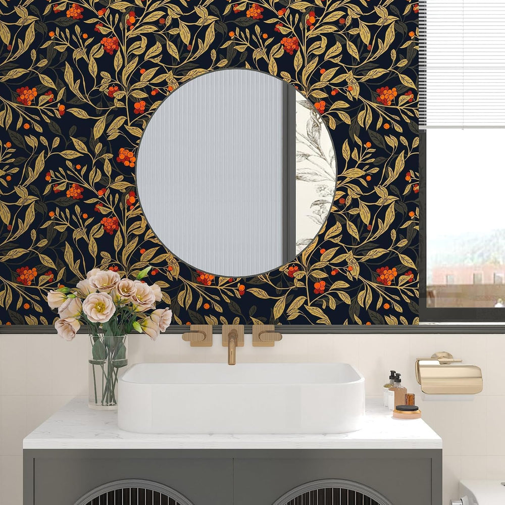 Black Vintage Leaves Berries Peel and Stick Wallpaper 17.5" x 393"