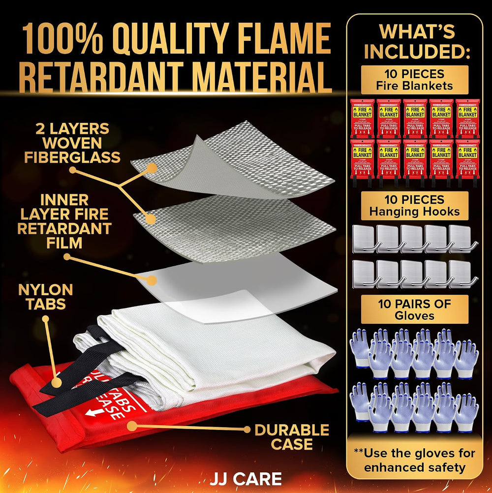JJ CARE Fire Blanket – 10 Pack with Hooks and Gloves, 40" x 40" Fla...