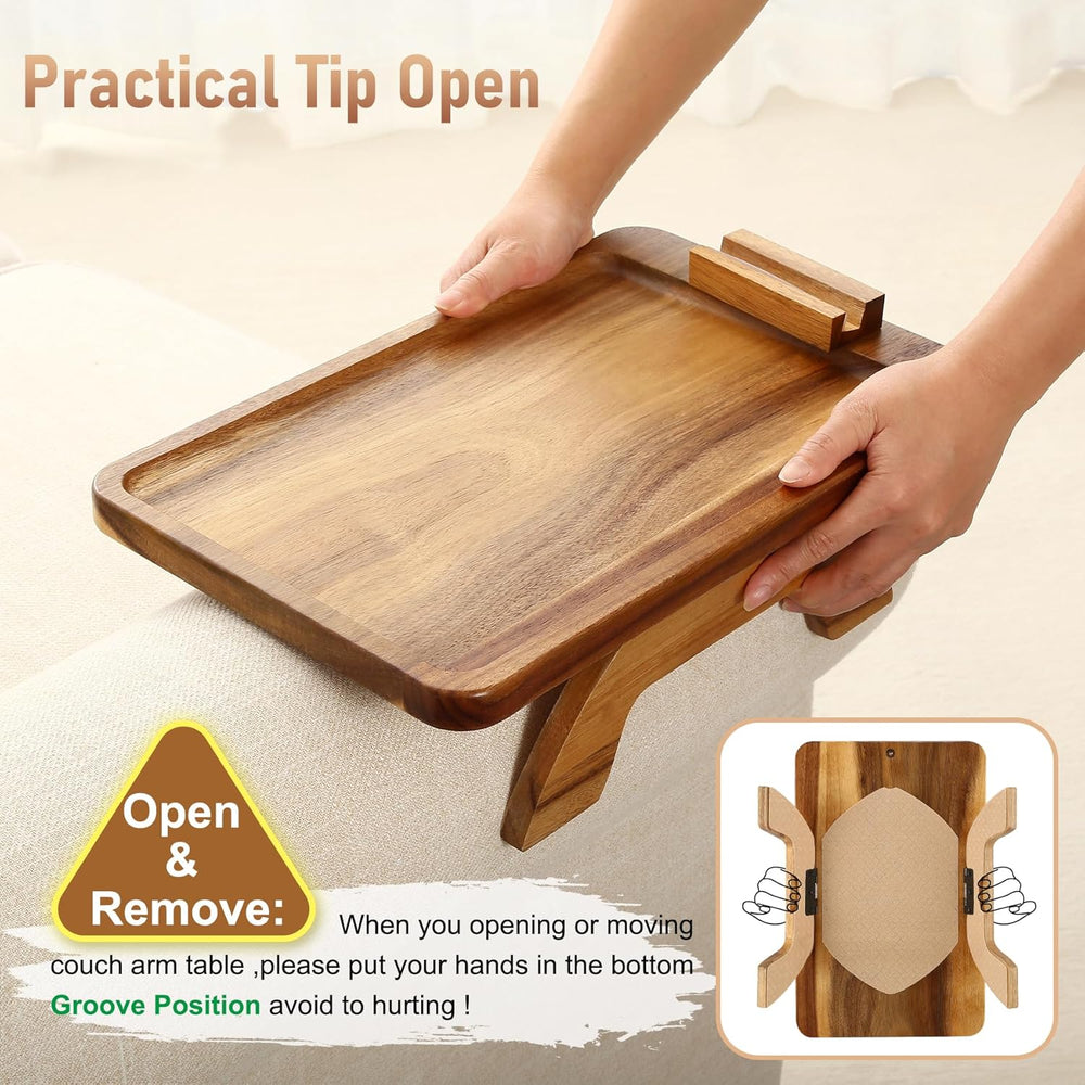 SINWANT Couch Arm Tray,15.35x9.84 in Sofa Clip on Arm Table,Acacia Wood