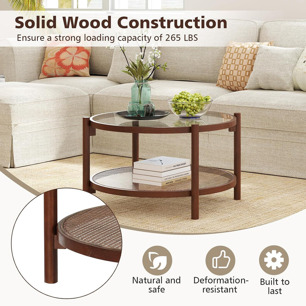 GOFLAME Rattan Coffee Table, Boho Glass Center Table with Solid Wood Frame, T...