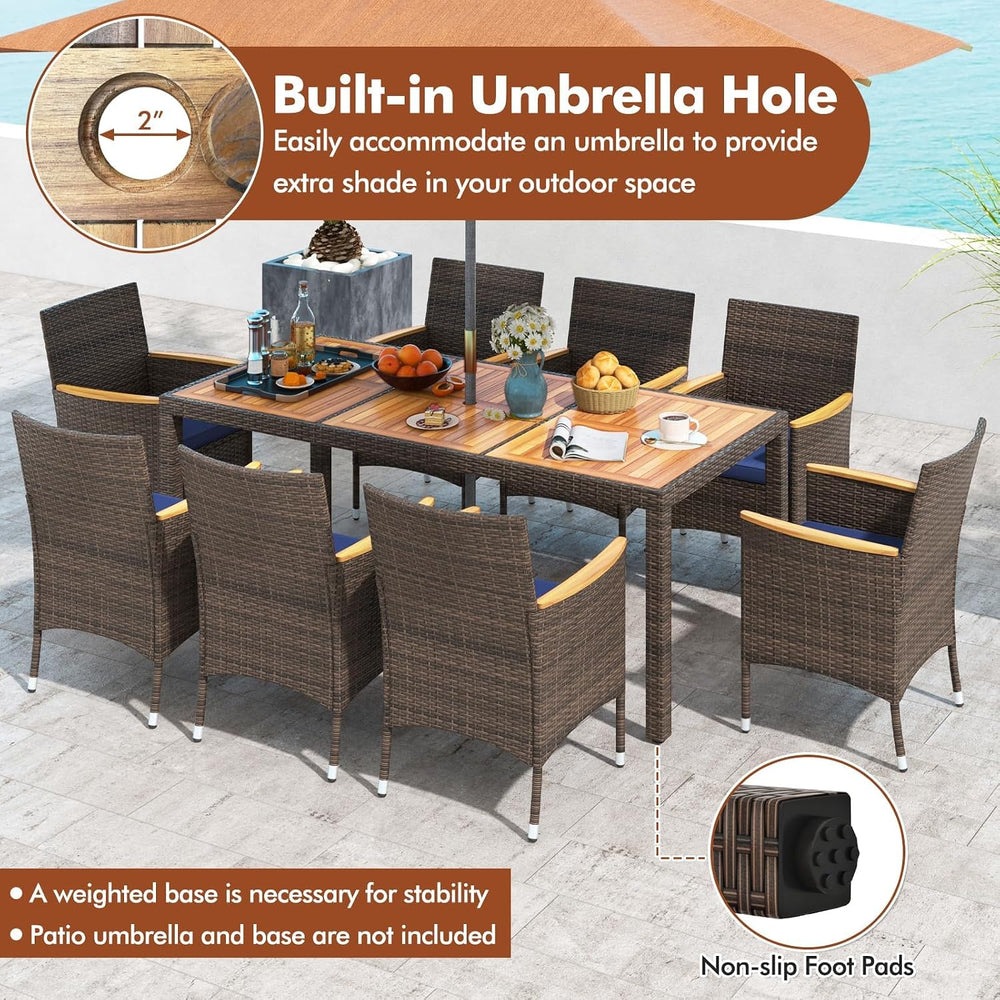 HAPPYGRILL 9 Pieces Acacia Wood Patio Dining Set for 8 People, Outdoor Rattan...