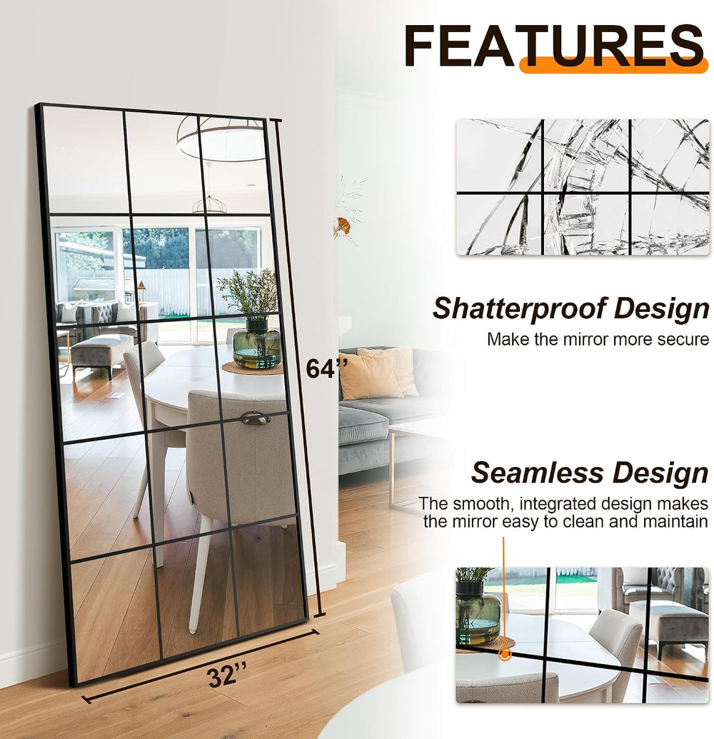 Delma Window Pane Full Length Mirror, 32"x64" Large Window Mirror, ...