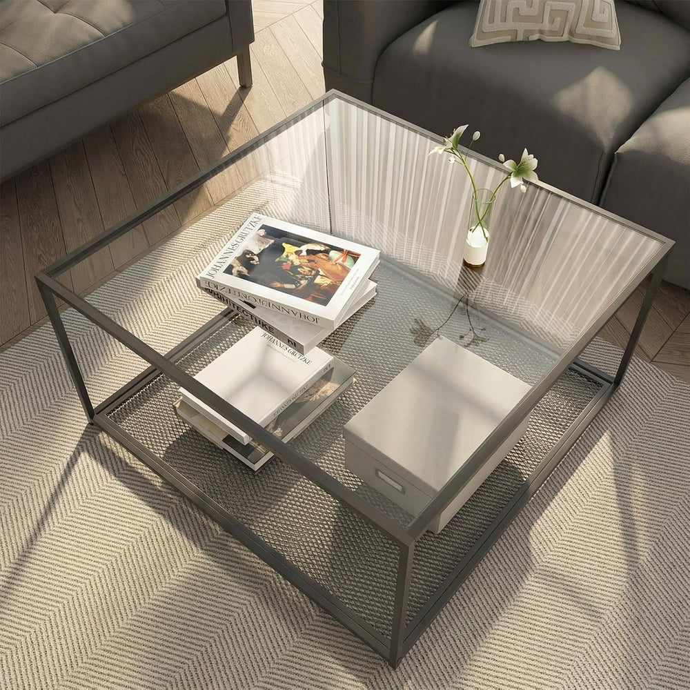 Black Glass Coffee Table, Square Coffee Tables with Storage Shelf, Simple Tea...