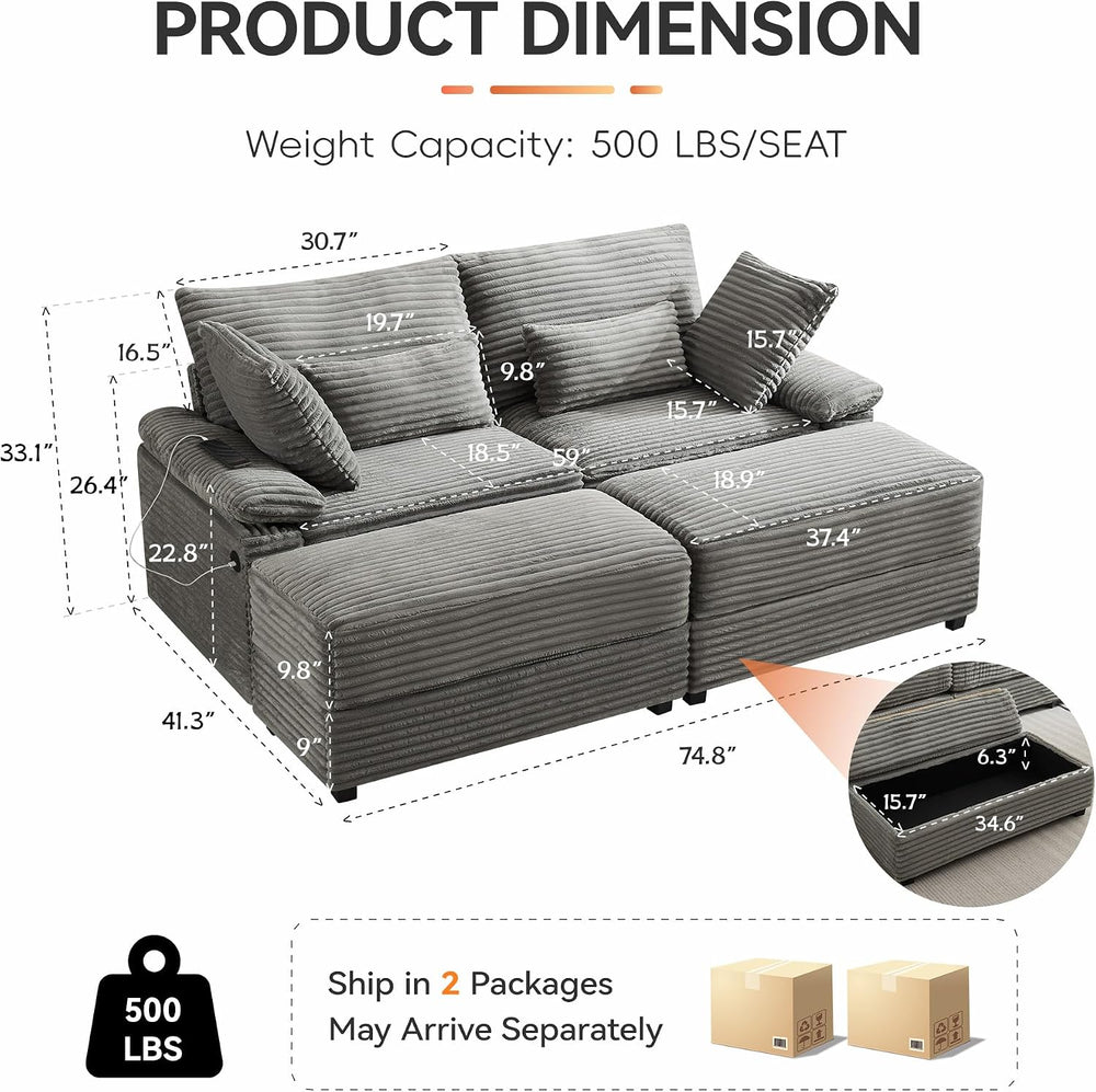 75" Corduroy Loveseat with Storage Ottoman, USB & Coffee Table, Grey