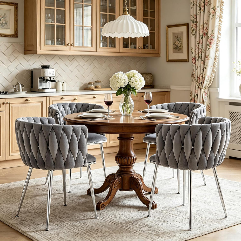 Velvet Dining Chairs Set of 6, Woven Back,Gray