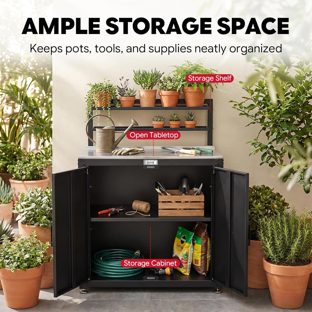 Feasto Outdoor Potting Bench Table with Storage Cabinet, Black