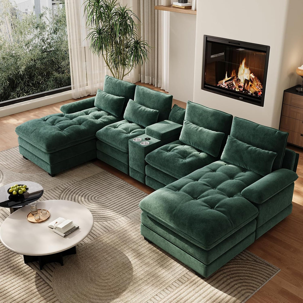134" U-Shaped Sectional Couches for Living Room with Storage, Green