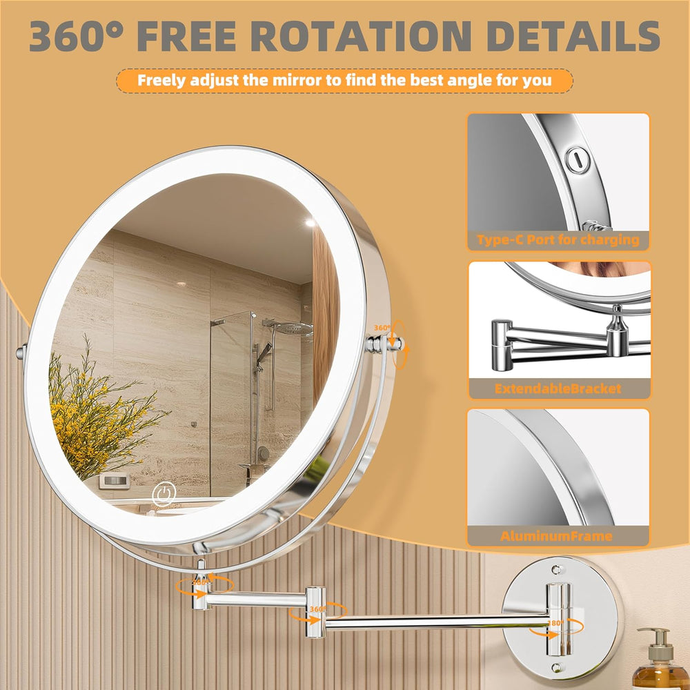 Wall Mounted Lighted Makeup Mirror with Extended Arm for Bathroom