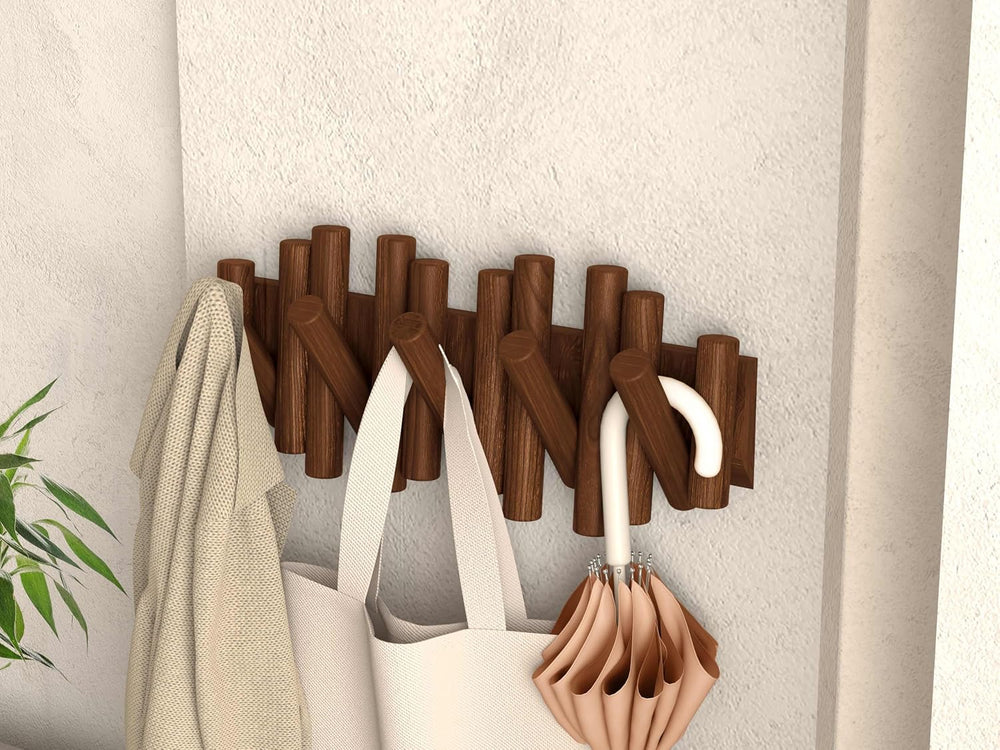 Folding Wall Coat Rack, 5 Flip-Down Wood Hooks for Entryway, Brown