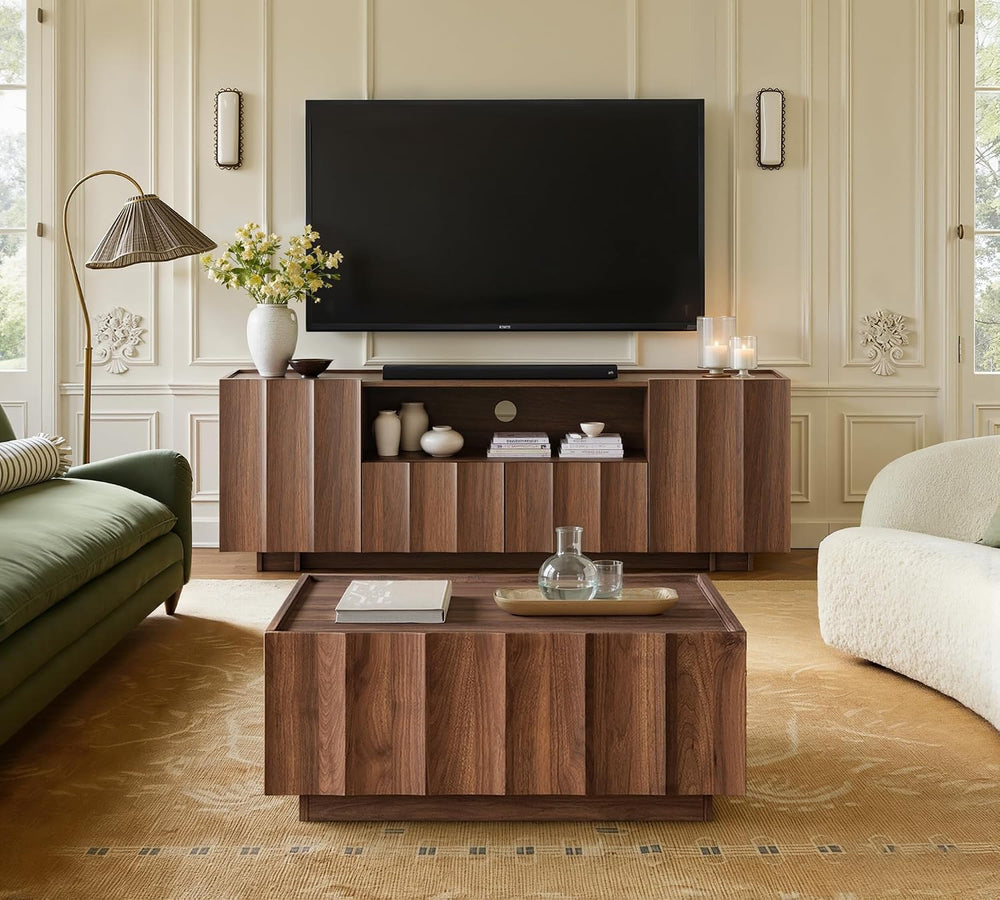 win2win Square Coffee Table with Storage, Wave Design, Walnut