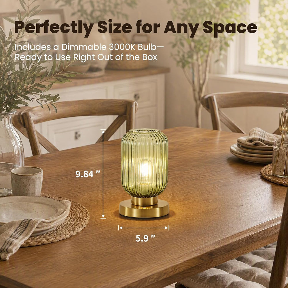 6" MCM Cordless Rechargeable Green Glass Table Lamp, Touch Dimmable