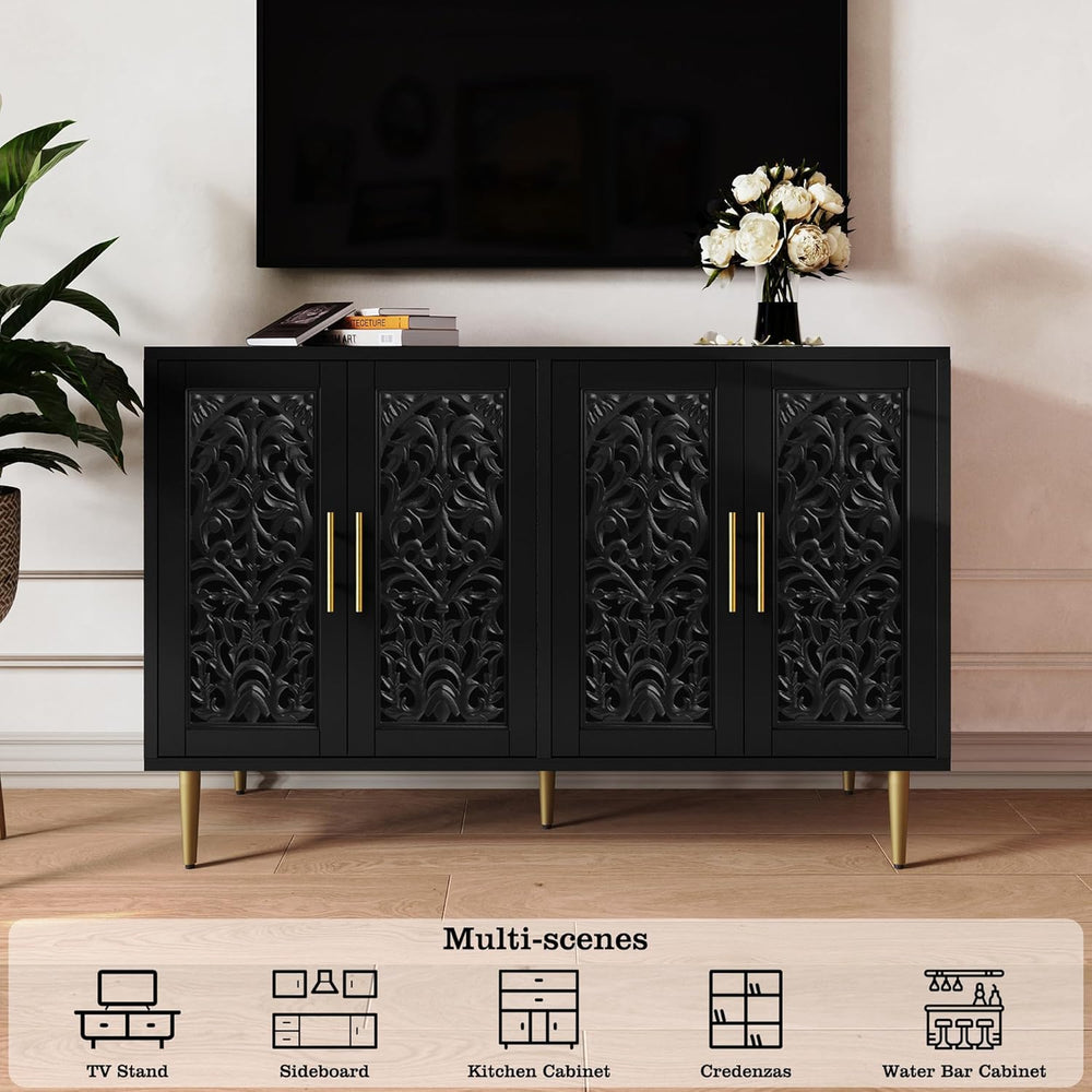 ARTPOWER 47.8" Vintage Accent Cabinet with 4 Hollow Carving Doors, Black