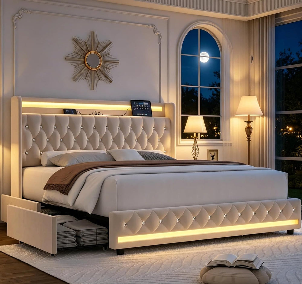 HIFIT Upholstered Queen LED Bed Frame w/Storage & Charging Headboard, Beige
