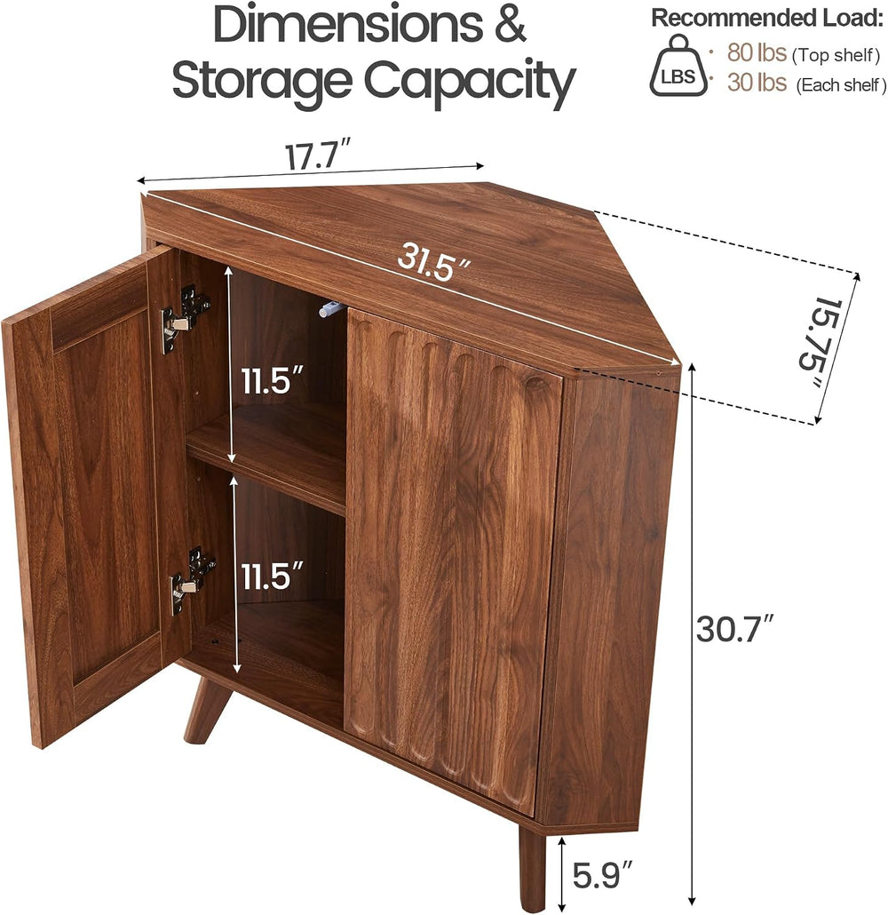 Janmer Home Fluted Corner Storage Cabinet, Small Corner Shelf, Walnut