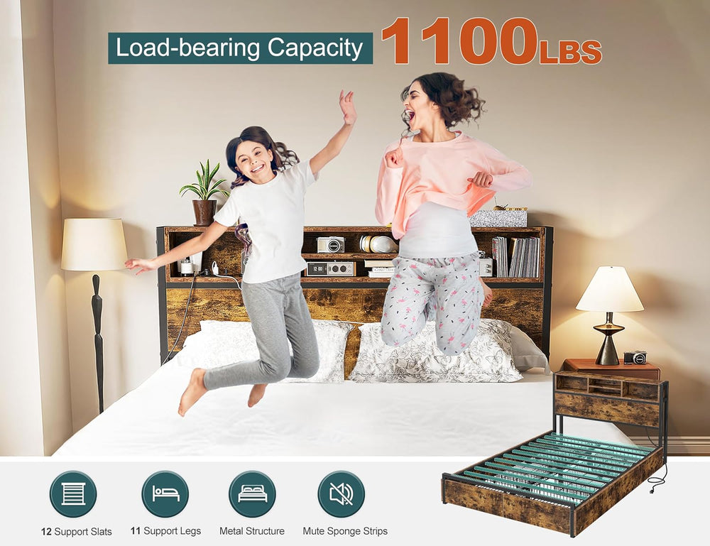 EnHomee Full Bed Frame with 6 Storage Drawers, Charge Station,Noise-Free