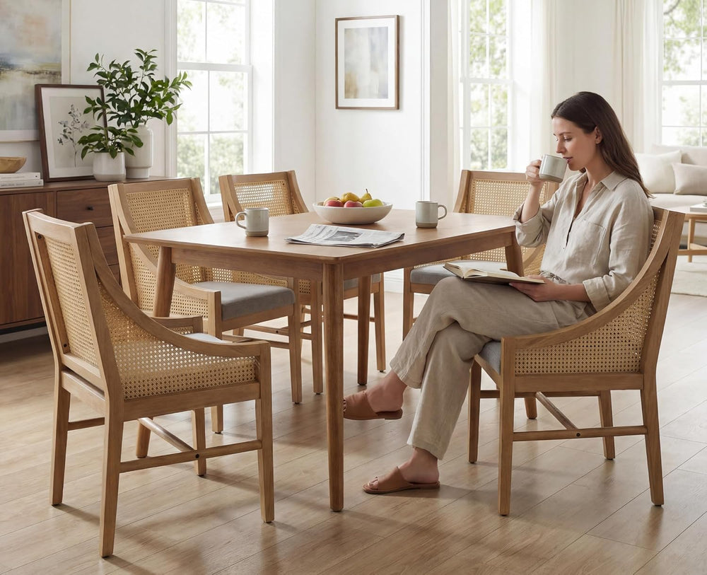 CIMOTA Rattan Mid Century Farmhouse Dining Chairs Set of 4 Fabric Linen Uphol...