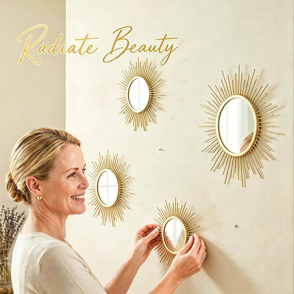 4 Pieces Gold Sunburst Wall Mirror Set Modern Metal Circles for Home Decor