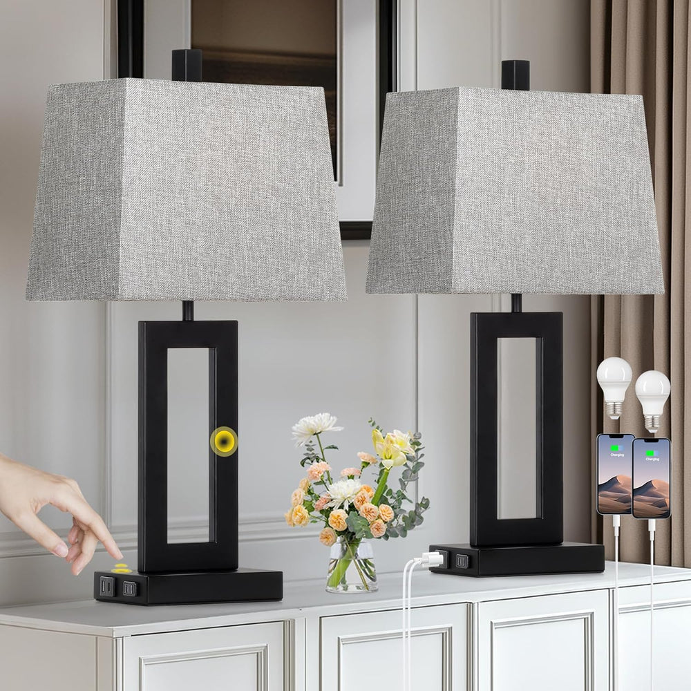 Cinkeda Bedside Table Lamp Set of 2,Nightstand Touch Lamps with USB Port