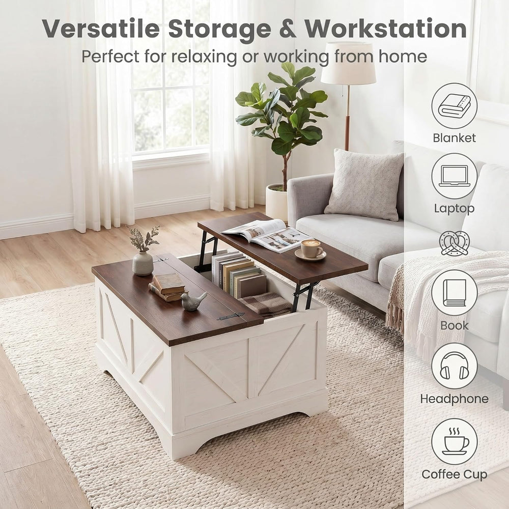 Tangkula Farmhouse Lift Top Coffee Table with Storage, Rustic Brown + White