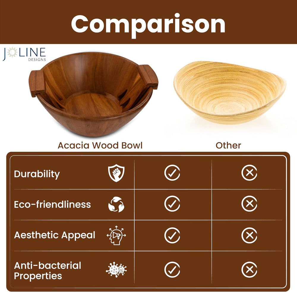 Acacia Wood Salad Serving Bowl Set – Large Wooden Bowl with Forks for Salads,...