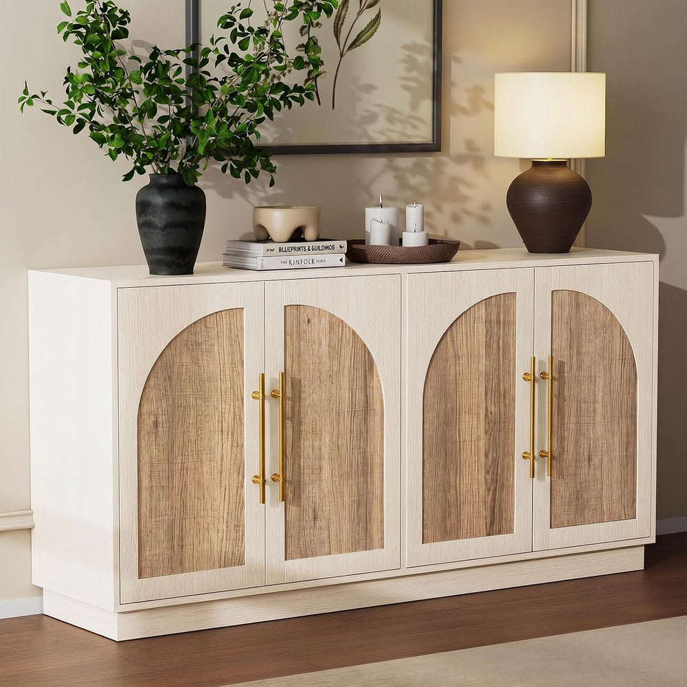 62'' Mid Century Modern Buffet Cabinet with Arch Doors, White and Nat...