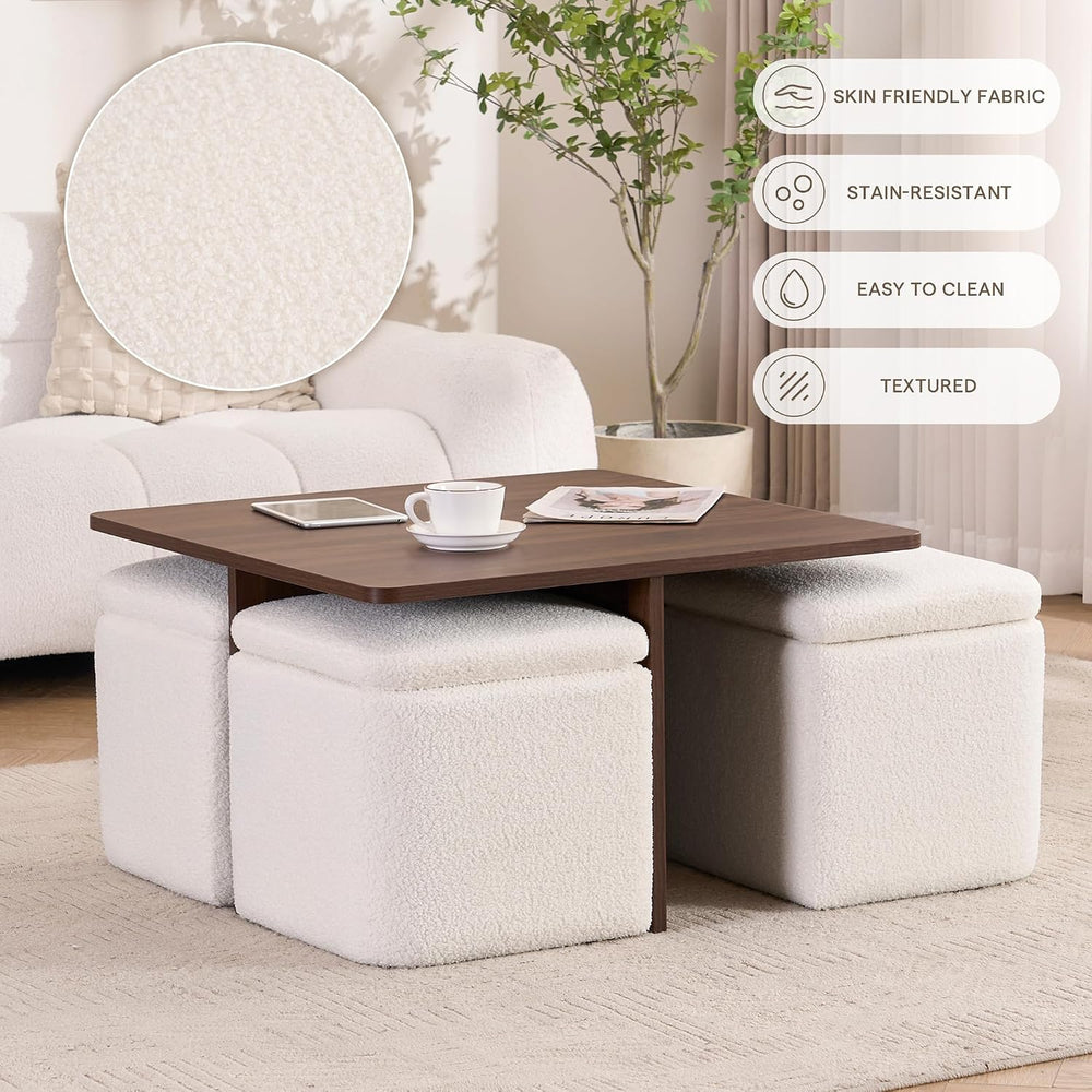 Square Coffee Table with Storage Ottomans, Beige