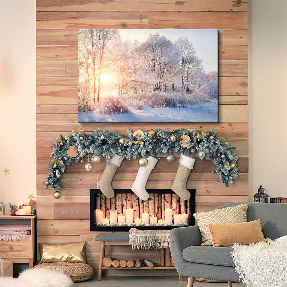 SEVEN WALL ARTS Winter Tree Canvas Wall Art Snow Covered Winter Forest Sunris...