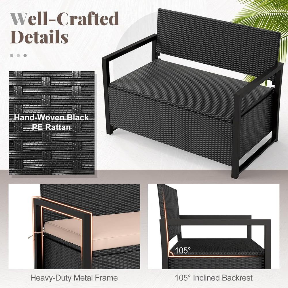 Tangkula 40 Gallon Rattan Outdoor Bench with Storage & Cushions
