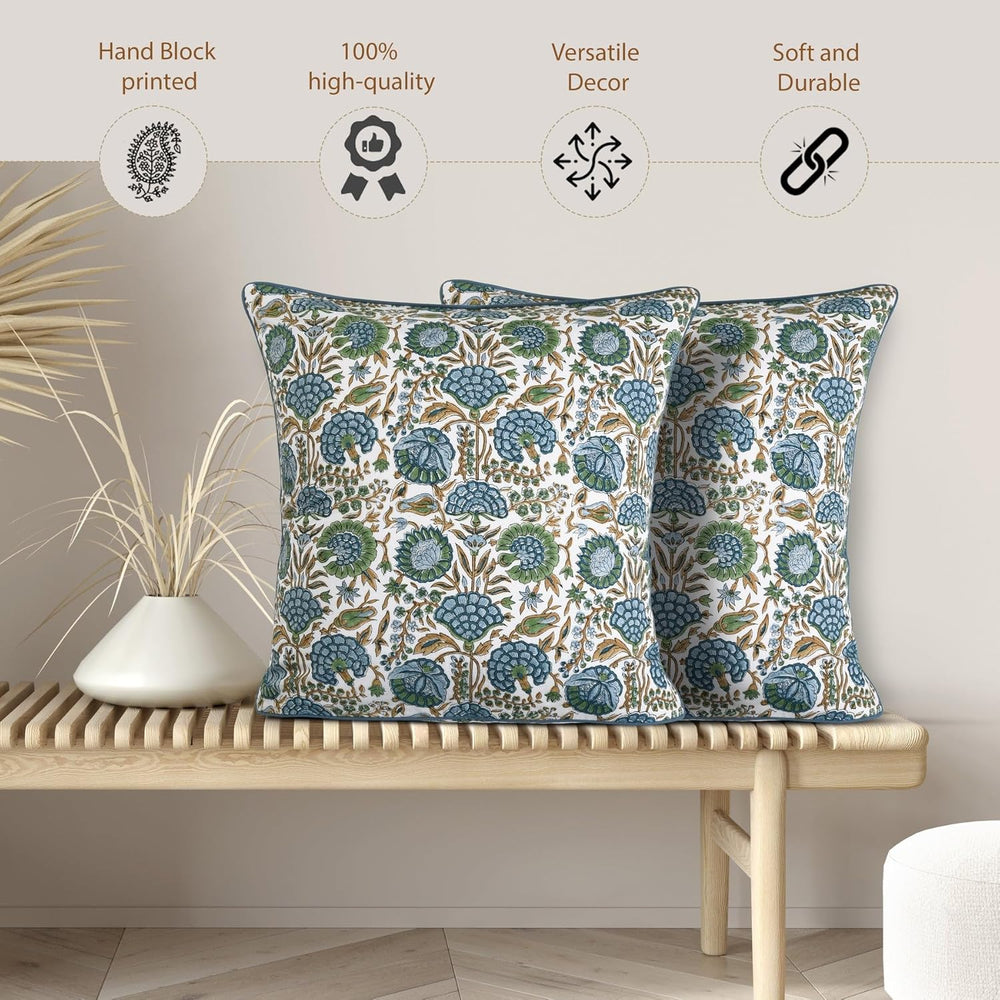 Ridhi Asparagus Green Block Print Cotton Pillow Cover 16x16 Inch Set of 2