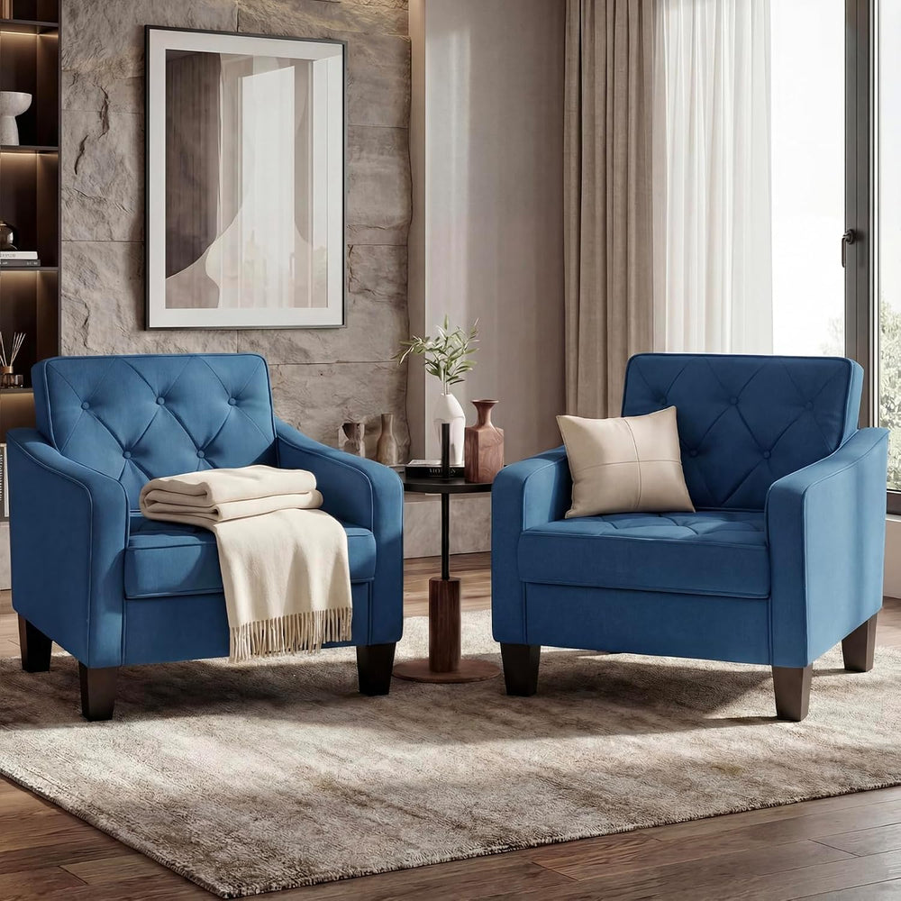 Blue Accent Chairs set 2, Wide Comfy Arm Chair Living Room, Bedroom, Office