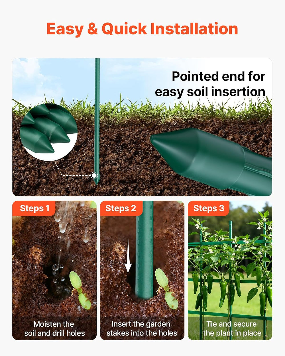 VEVOR Garden Stakes, 50 Pack, 46.06 inch, Plastic Coated Metal Tomato Stakes,...