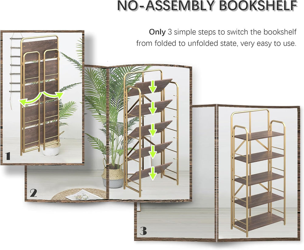 4NM No Assembly Folding Bookshelf, 5 Tier Collapsible Book Shelves Open Indus...