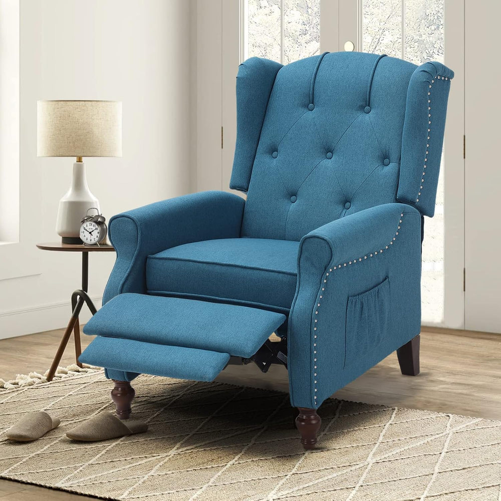 Wingback Chair, Push Back Recliner Armchair, Blue, Single