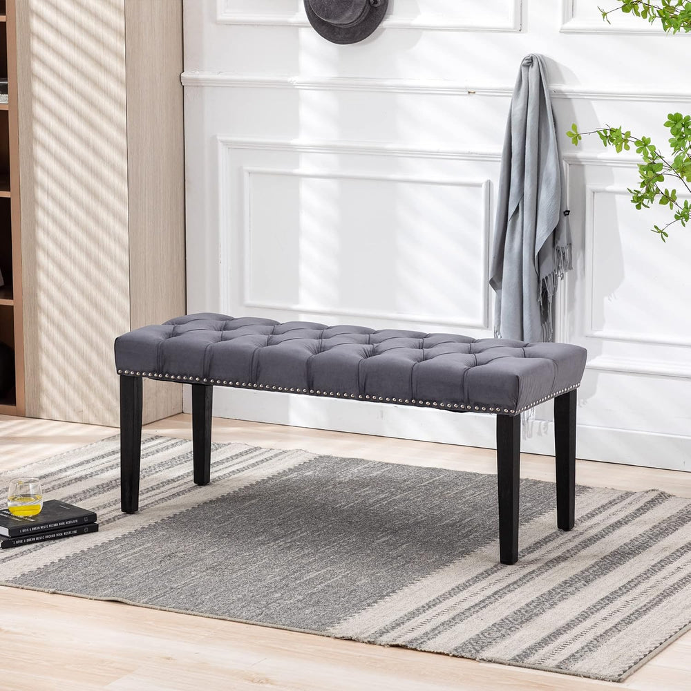 KCC Button-Tufted Ottoman Bench, Velvet Bedroom Benches,Dark Gray