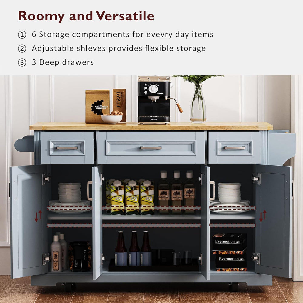 54" Gray Blue Kitchen Island with 3 Drawers, Drop Leaf and Wheels
