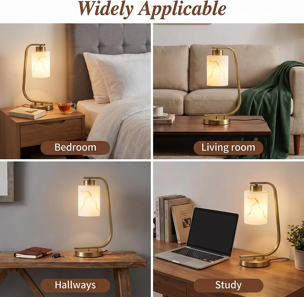 Modern Industrial Table Lamp, Marble Pattern Glass Shade Desk Lamp with C-Sha...
