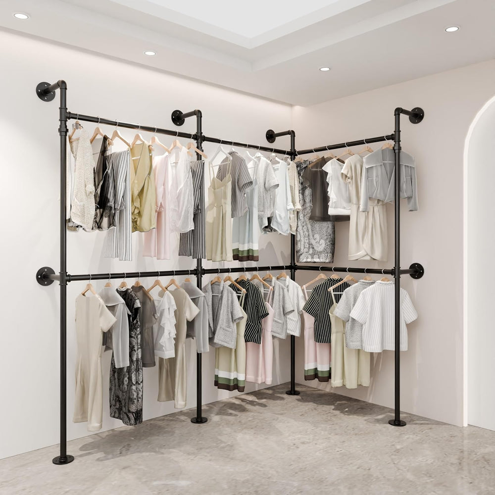 Industrial Pipe Garment Rack 106.3" L-Shaped Wall-Mounted Closet System