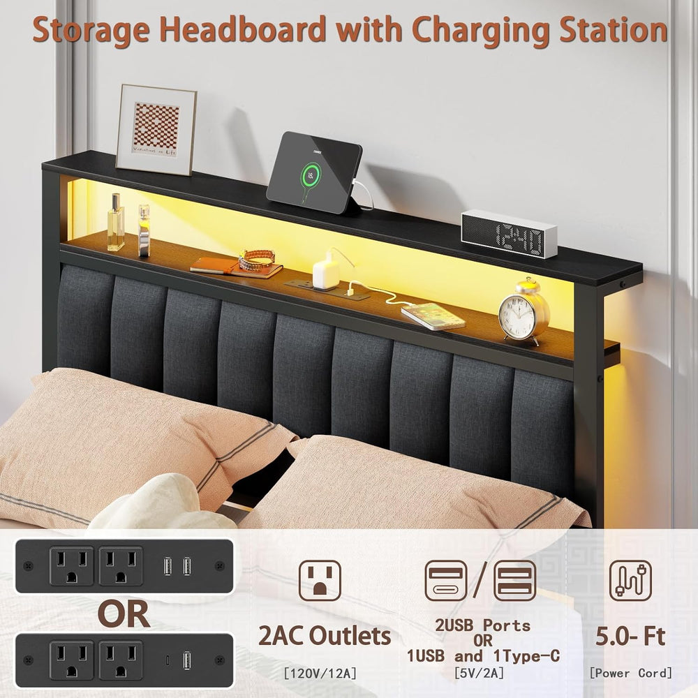 Furnulem Full Size Bed Frame with Charging Station and LED Lights